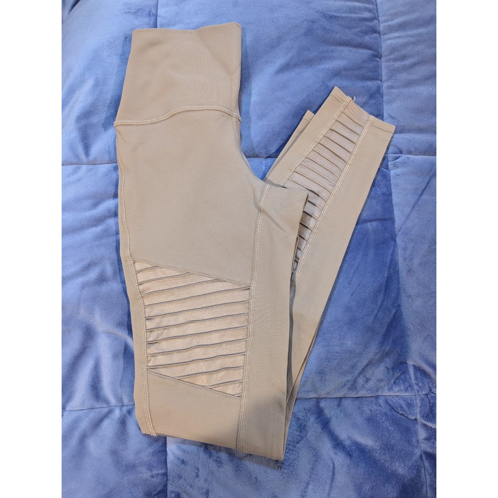 Alo Yoga High Waist Moto Leggings Taupe Ribbed Panel Athletic Pants - Size S